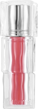 Mini tint TIRTIR Applum w przezroczystej butelce z falistym wnętrzem, koralowy odcień, srebrna skuwka, widok z przodu.
