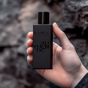Czarna, prostokątna butelka wody perfumowanej Authentic ICON16 by Kuba Błaszczykowski, z napisem, w dłoni, widok z przodu.