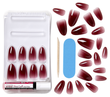 Zestaw sztucznych paznokci migdałowych ombre burgundy, w pudełku i luzem, z klejem i akcesoriami.
