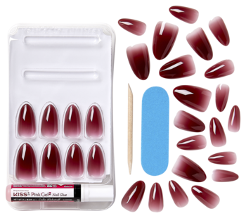 Zestaw sztucznych paznokci migdałowych ombre burgundy, w pudełku i luzem, z klejem i akcesoriami.
