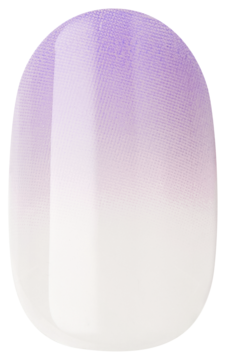Krótki, owalny paznokieć samoprzylepny impress color ombre, jasnofioletowy gradient od góry do białego. Widok z przodu.