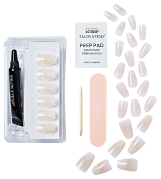 Kiss Salon X-tend LED Gel Nail Kit: tipsy ombre white, coffin, średnie, z klejem, pilnikiem na czarnym tle.