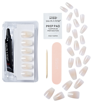 Kiss Salon X-tend LED Gel Nail Kit: tipsy ombre white, coffin, średnie, z klejem, pilnikiem na czarnym tle.