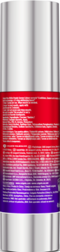 Tył cylindrycznej tuby wybielającego serum Colgate Max White Purple, gradient czerwono-fioletowy z tekstem.