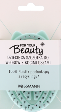 Szczotka For Your Beauty z kocimi uszami dla dzieci, miętowa, 100% z recyklingu, widok z przodu w opakowaniu.