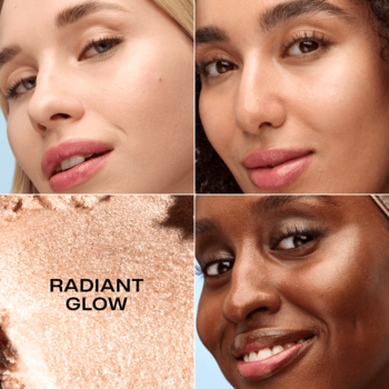 Lumene rozświetlacz Radiant Glow w sztyfcie. Cztery ujęcia: trzy twarze, próbka z napisem 'RADIANT GLOW'.