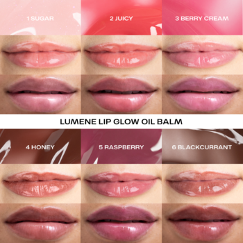 Sześć błyszczących odcieni Lumene Lip Glow Oil Balm: próby na ustach modelki i swatche produktu.