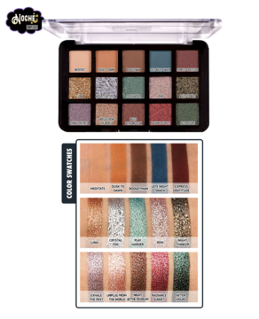 Paleta 15 cieni Dia & Noche 102 Noche z ciemnymi, matowymi i metalicznymi odcieniami; swatche na skórze.