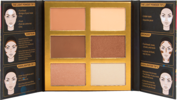 Otwarta paleta Symphony Face Obsession Medium/Dark: 6 pudrów do konturowania, bronzowania i rozświetlania, z instrukcjami.