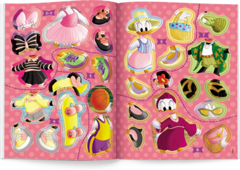 Rozłożona książka z brokatowymi naklejkami do ubierania Minnie i Daisy. Stroje, buty i dodatki na różowym tle.