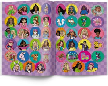 Otwarta kolorowanka Barbie, dwie strony z 60 okrągłymi ilustracjami postaci i symboli do kolorowania wg kodu.