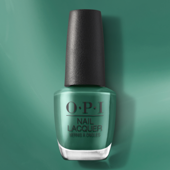 OPI Nail Lacquer Pose-in-Ivy, zielony lakier do paznokci z czarną nakrętką na dopasowanym tle. Widok z przodu.
