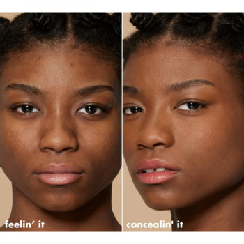 Przed i po: e.l.f. Camo Hydrating Liquid Concealer w Deep Chestnut, ujednolica cerę, widok twarzy przed i po.