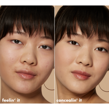 Twarz kobiety przed i po użyciu korektora e.l.f. Camo Hydrating Concealer Light Peach, zyskuje gładkie, satynowe wykończenie.