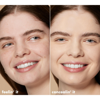 e.l.f. Camo Hydrating Concealer: kobieta, efekt przed i po użyciu kryjącego korektora na twarzy.