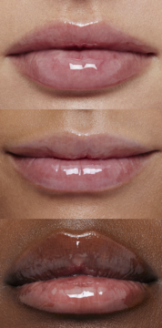 e.l.f. Glow Reviver Lip Oil Pink Quartz na ustach modelek o różnych odcieniach skóry, z bliska.