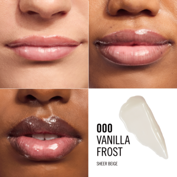 Ultranawilżający balsam do ust Vanilla Frost: aplikacja na ustach (różne karnacje) i próbka koloru.