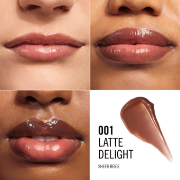 Ultranawilżający balsam do ust 001 Latte Delight, Sheer Beige, na ustach modelek i próbka koloru.