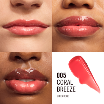Lśniący ultranawilżający balsam do ust Coral Breeze na 3 parach ust i swatch odcienia 005.