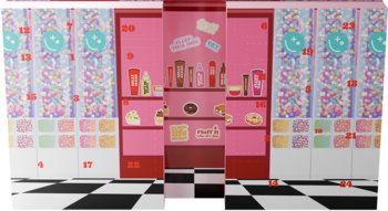 Wnętrze inspirowane Kalendarzem Adwentowym Fluff x Sweet Factory Store: różowe półki, kosmetyki i słodycze.
