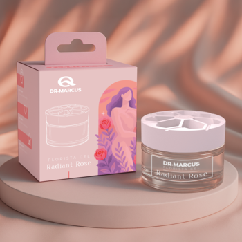 Dr. Marcus Florista Gel Radiant Rose: różowy żelowy odświeżacz w słoiku z pudełkiem na pudroworóżowym tle.