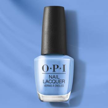 OPI Nail Lacquer Blue Them All Away, błękitny lakier w szklanej butelce z czarnym korkiem, widok z przodu.