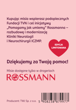 Tył różowego opakowania misia Rossmann, z tekstem o akcji charytatywnej i czerwonym sercem EDYCJA LIMITOWANA.