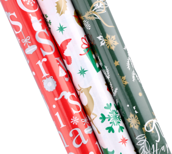 Zestaw trzech rolek świątecznego papieru prezentowego: czerwony, biały i zielony, z motywami reniferów i płatków śniegu.