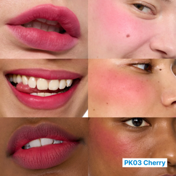 Kolaż: FWEE Blurry Pudding Pot PK03 Cherry na ustach i policzkach modelek. Intensywny, rozmyty róż.