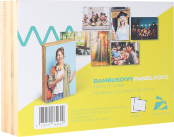 Tylne opakowanie panelu bambusowego 10x15, z nadrukiem kobiety i przykładami użycia, żółto-białe, kod kreskowy.