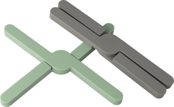 Dwie składane podstawki silikonowe pod garnek, zielona i szara, ułożone w X. Kompaktowe i łatwe do przechowywania.