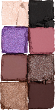 NYX The Nevermore Academy paleta 8 cieni: maty, shimmery w beżach, fioletach, różach, czerni i brokatowy brąz.