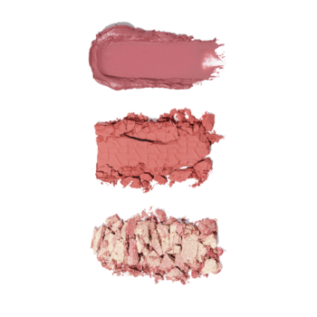 Paleta Revolution Blush Aura Points Rose: swatche kremowego różu, matowego brzoskwiniowego i rozświetlającego różu.