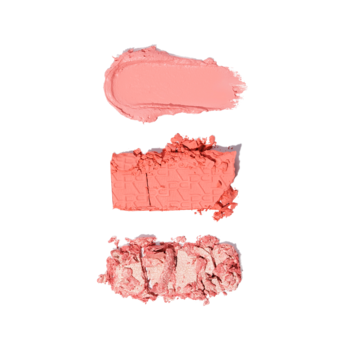 Trzy próbki brzoskwiniowego różu Revolution Blush Icon: kremowy, matowy i rozświetlający, na białym tle.