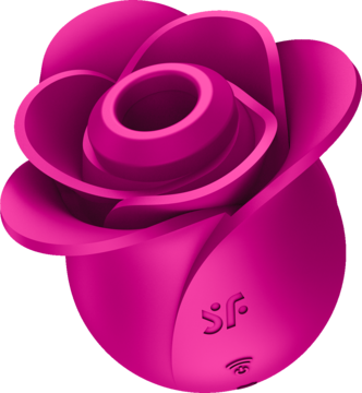 Satisfyer Pro2 Modern Rose, różowy stymulator łechtaczki w kształcie róży, widok z boku i góry.
