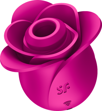 Satisfyer Pro2 Modern Rose, różowy stymulator łechtaczki w kształcie róży, widok z boku i góry.