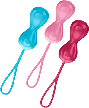 Satisfyer Power Balls: trzy kielichowe kulki gejszy z silikonu, turkus, róż i bordo, ułożone ukośnie.