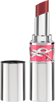 Otwarty błyszczyk YSL Loveshine Candy Glaze Pink Satisfaction, głęboki róż, srebrna obudowa z różowym logo YSL.