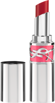Yves Saint Laurent Loveshine Candy Glaze Red Thrill, otwarty błyszczyk w sztyfcie, srebrna obudowa z różowo-srebrnym logo.
