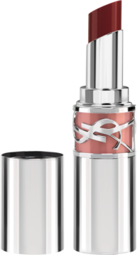 Otwarta błyszcząca pomadka YSL Love Shine w srebrnej oprawie, odcień Glowing Lava, ciemnoczerwony sztyft.