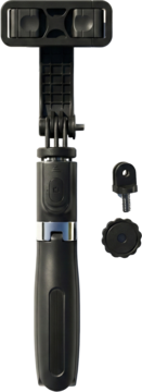 Czarny selfie stick z uchwytem na telefon, mocowaniem GoPro i akcesoriami, widok z przodu na neutralnym tle.