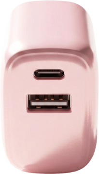 Różowo-złota ładowarka ścienna USB z portem USB-C i USB-A, błyszczące wykończenie. Widok z przodu.