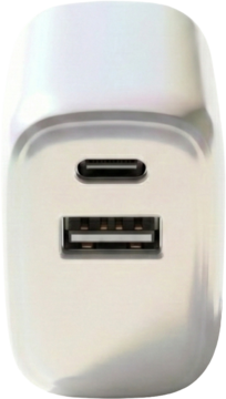 Biała ładowarka sieciowa z podwójnym portem: USB-C i USB-A, widok z przodu. Uniwersalne zasilanie.