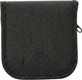 Czarny, materiałowy, kwadratowy pokrowiec z teksturowanej tkaniny, widoczny suwak z boku, ujęcie frontalne.