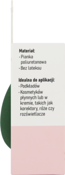 Zielona gąbka do makijażu z pianki poliuretanowej, bez lateksu, do podkładu. Widok boczny z opisem cech.