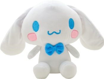 Biały pluszak Cinnamoroll, króliczek z długimi uszami i niebieską kokardką, siedzący na jasnym tle.