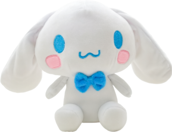 Biały pluszak Cinnamoroll, króliczek z długimi uszami i niebieską kokardką, siedzący na jasnym tle.