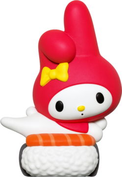 Hello Kitty Friends figurka My Melody w czerwonym kapturze siedząca na sushi z rybą, zbliżenie.