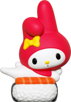 Hello Kitty Friends figurka My Melody w czerwonym kapturze siedząca na sushi z rybą, zbliżenie.