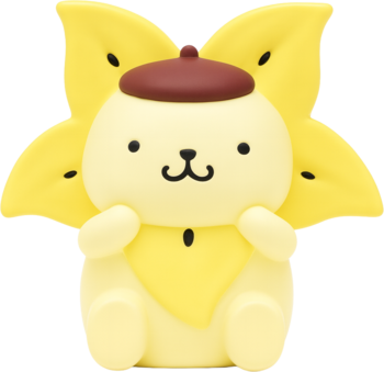 Figurka kolekcjonerska Pompompurin z serii Hello Kitty Fruit, żółta, w kostiumie słonecznika, z brązowym beretem.